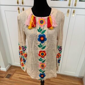 Fanm Mon Worldwide Linen Blouse with Colorful Floral Embroidery, Size M
